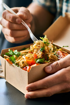Man eats a healthy lunch from a paper box. A male holds a plastic fork for dinner of pasta with falafel plus fresh vegetables. A person sits at a table for a fast food takeaway meal. A worker enjoys a
