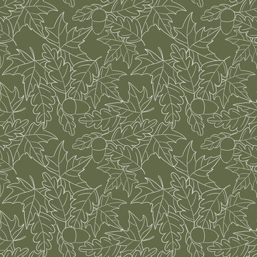 Seamless pattern with fall white line leaves on a green background