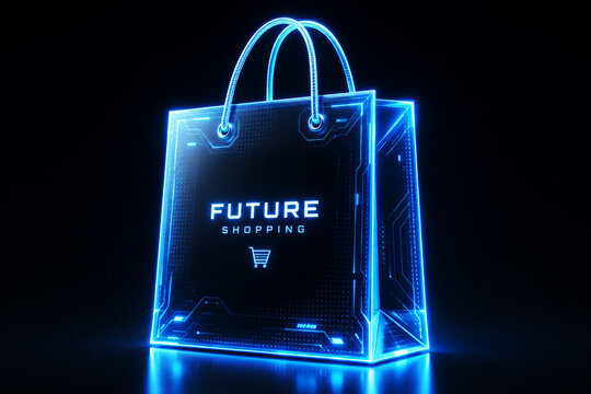 Glowing blue digital shopping bag with circuit board patterns. Cyber sale concept in neon style. Modern online retail technology, ecommerce platform and artificial intelligence data.