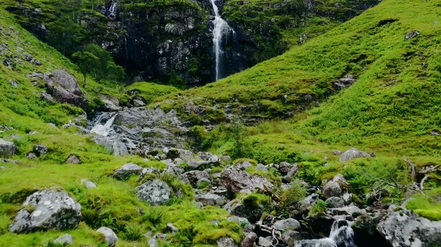 Aerial Drone Shot of Stream and Waterfall in Glen Coe