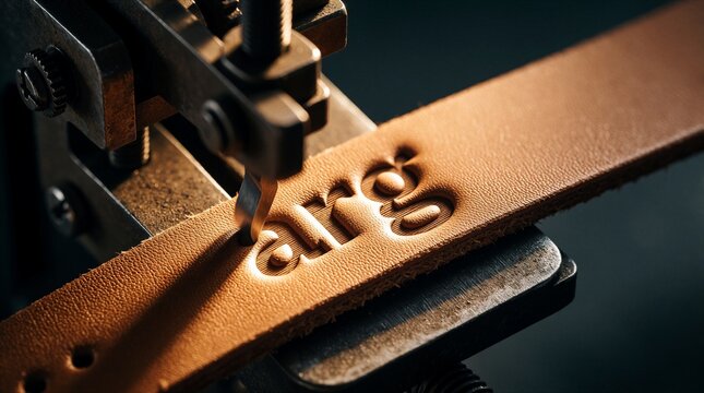 Close-up macro view of tan leather strap being embossed with letters ARG by metal tool machine. Skilled artisan creating custom accessory detail in workshop, focusing on fine craft work.