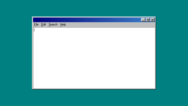 Retro computer window interface with text editor menu. Old operating system application frame on solid teal background. Digital desktop environment template for design and vintage software.