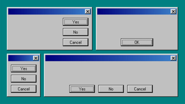 Retro computer window system interface elements. Old operating system dialogue boxes with yes no and cancel buttons. Graphic user interface design for computer software application.