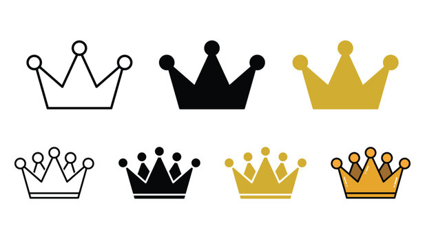 Crown icon collection featuring gold and black silhouettes in various shapes isolated on transparent background for logos.