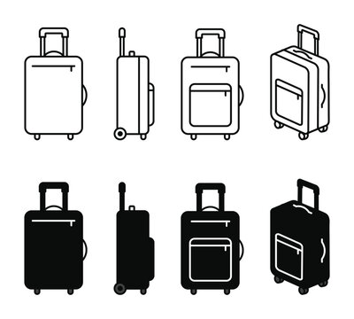 Luggage icon set showing suitcase in front side and perspective views isolated on transparent background for travel design.