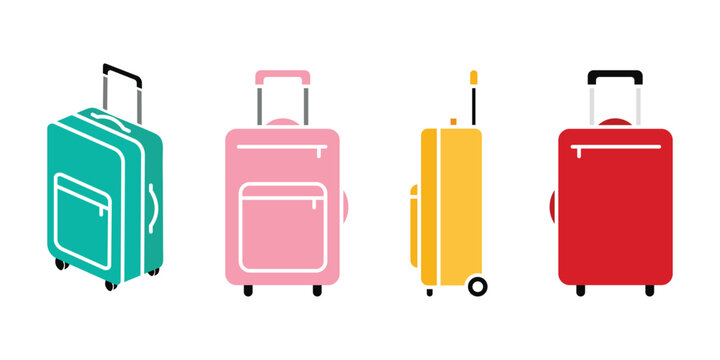 Set of four colorful suitcases for travel and vacation flat design style vector illustration on transparent background.