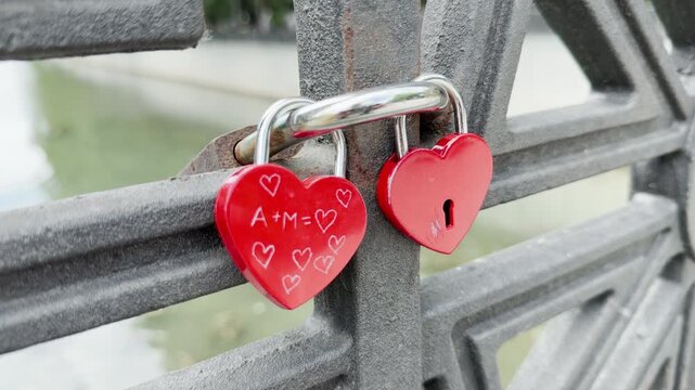 Two red heart padlocks are locked onto a metal bridge railing above water. They symbolize passionate love, romantic hope, and a secure bond of endless joy.