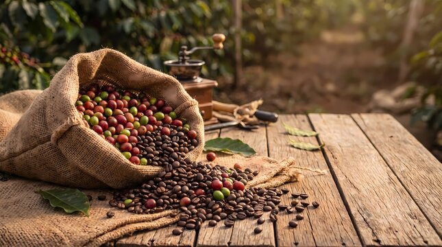 Fresh Coffee Cherries and Roasted Beans Spilling from Sack on Rustic Wooden Table at Plantation