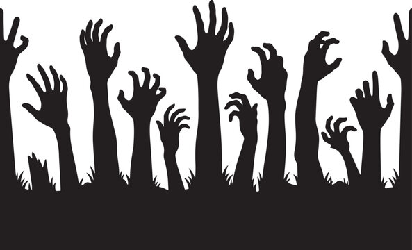High contrast silhouette of many zombie hands reaching up from the ground, isolated on white background, perfect for horror themed graphic design projects.
