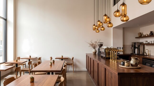 Inviting Cafe Interior With Warm Pendant Lights and Natural Light