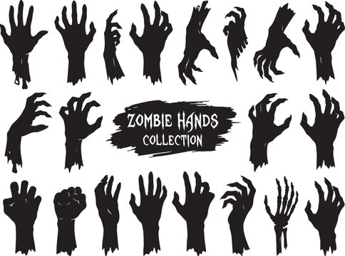 Collection of scary zombie hand silhouettes isolated on white background for Halloween design projects, creepy monster arms reaching out for spooky graphics.