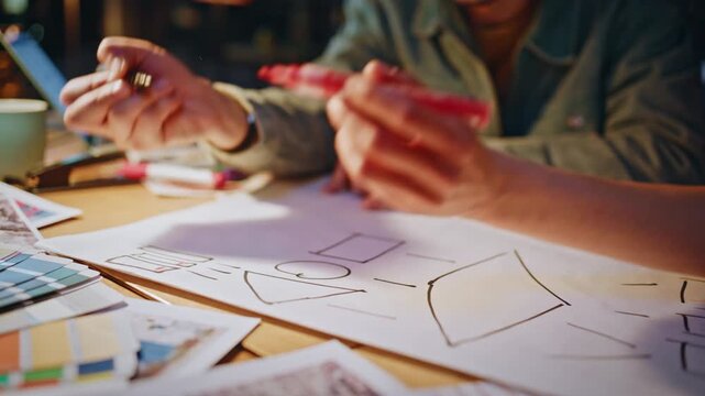 Closeup hands sketching app wireframe markers. Designers drawing layout evening.
