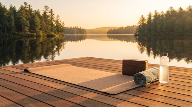 Unrolled eco-friendly natural cork yoga mat on wooden pier, golden morning light, representing outdoor wellness exercise, meditation retreat, and healthy lifestyle with copy space
