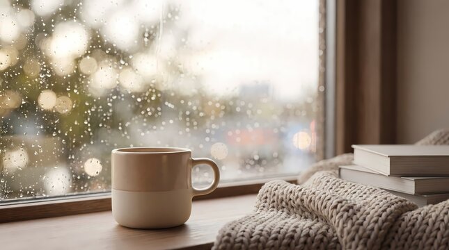 Cozy rainy day with a warm cup of coffee and books by the window