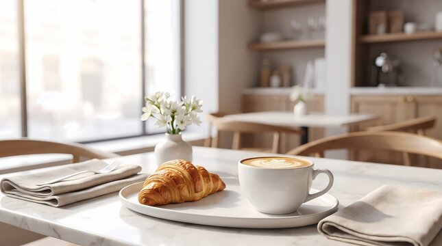 Premium Morning Coffee and Butter Croissant Breakfast in a Bright Sunny Cafe