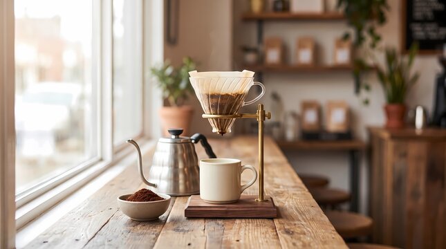 Artisanal coffee brewing station with a pour-over dripper, kettle, and mug on a sunlit wooden counter