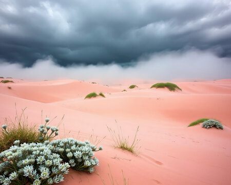 D&eacute;sert de sable rose avec des fleurs blanches et une v&eacute;g&eacute;tation d&eacute;licate sous un ciel orageux sombre et dramatique cr&eacute;ant un contraste saisissant
