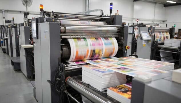 Row of sheetfed presses working in unison printing colorful fiction book pages main press distinct while surrounding equipment softly out of focus.