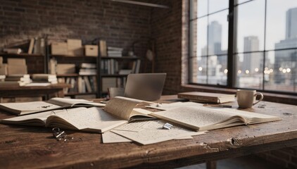 Naklejka premium Small independent publishers urban loft with a sharp view of handwritten notes and manuscript proofs blurred cityscape through large windows in the background.