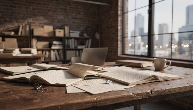 Small independent publishers urban loft with a sharp view of handwritten notes and manuscript proofs blurred cityscape through large windows in the background.