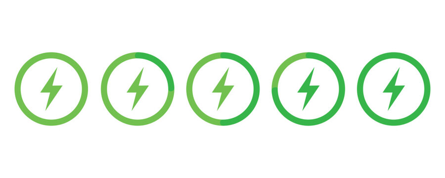 Charging progress icons with lightning bolt symbol and green circle loading bars isolated on a transparent background set.