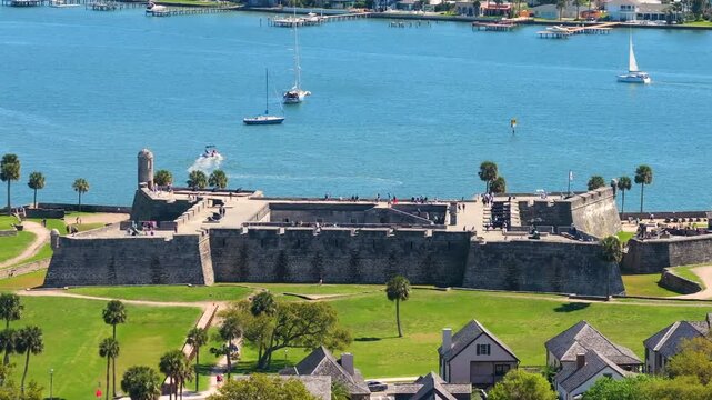 USA travel destination. Aerial view of St. Augustine, Florida with historical landmark Castillo de San Marcos, old masonry fort.