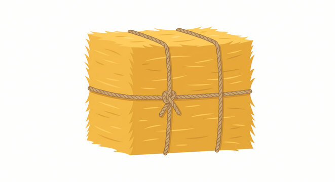 Rectangular golden hay bale tied with rope agricultural farming prop flat vector illustration