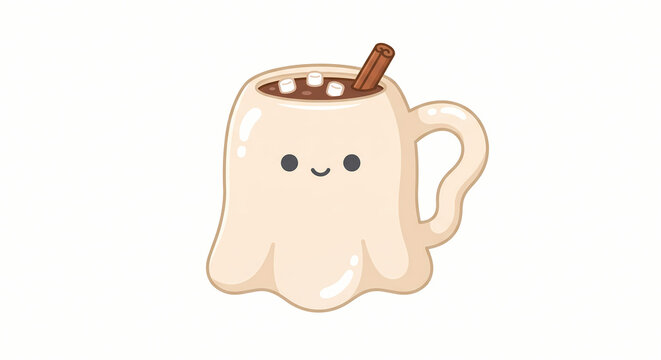 Cute kawaii ghost mug with hot chocolate and marshmallows halloween autumn seasonal beverage illustration