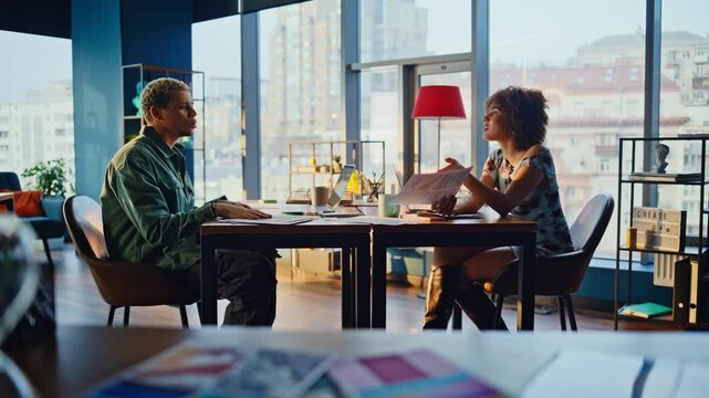 Man woman discussing project design office. Coworkers talking business meeting