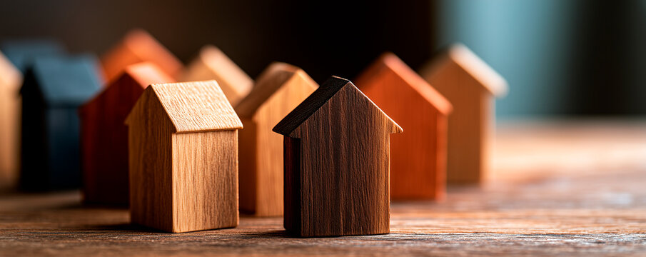 A row of small wooden houses sitting on top of a wooden table.