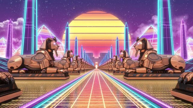 Synthwave Outrun Sphinx Highway Loop - Futuristic Egyptian Pyramid Sunset 4K