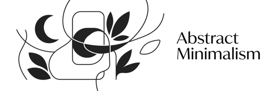 Abstract Organic Minimalist Design 187 with Black and White Geometric Patterns and Floral Elements