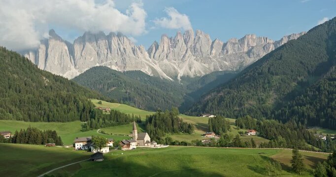 Santa Maddalena village beneath Odle peaks in Val di Funes