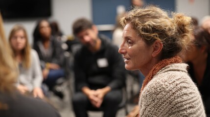 Naklejka na ściany i meble Adult learners engaging in an interactive speaking circle one individual focused as they respond to conversation prompts peers seated around attentively out of focus.