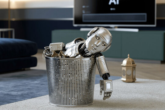 An old broken metal robot sitting inside a silver mesh trash bin in a modern living room symbolizing technology obsolescence e waste and replaced artificial intelligenc