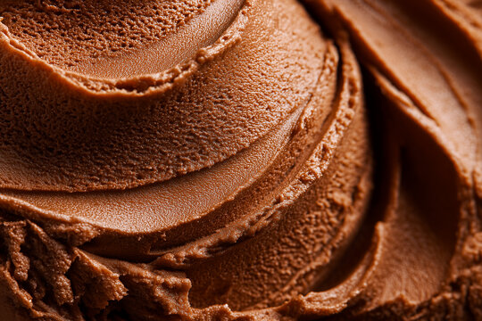Extreme macro close up texture of creamy and smooth chocolate ice cream with soft swirls showing a rich and delicious cold summer dessert background structure