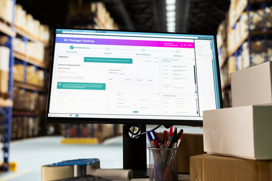 Package tracking software follows parcels by air waybill numbers in an empty warehouse with shelving units and racks for a local brand.