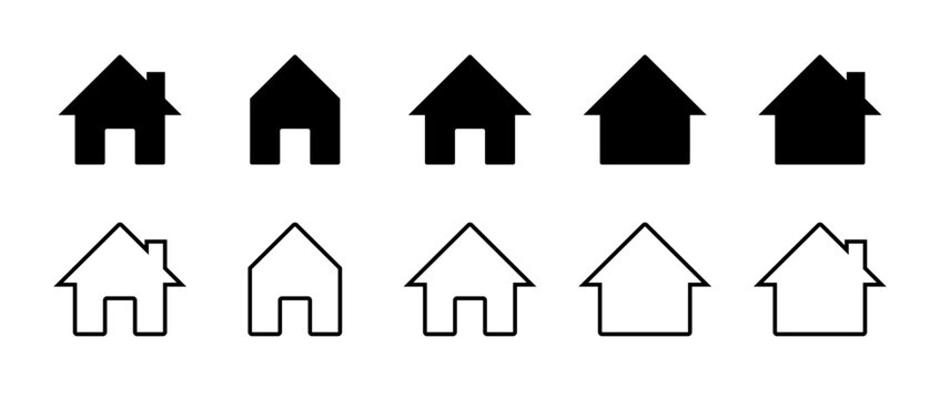 Web home icon set for website and mobile apps in outline and filled styles. Simple house symbols. Main page buttons. Building or real estate element. Vector illustration