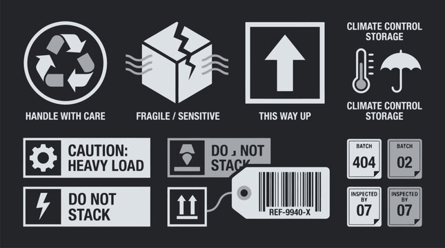 Industrial shipping packaging labels, fragile handle with care icons, logistics delivery symbols and barcode stickers for warehouse cargo management