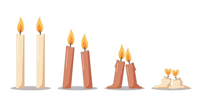A step-by-step vector set of two melting candles that bend toward each other over time, ending with two heart-shaped flames on melted wax.