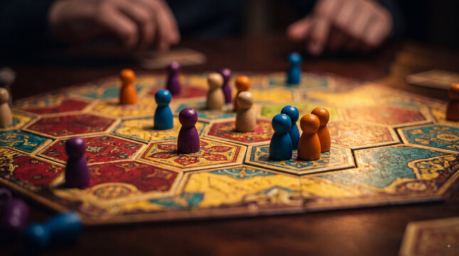 Close up of colorful wooden pawns on a vintage patterned board game during a tabletop strategy game session with friends in a dimly lit room