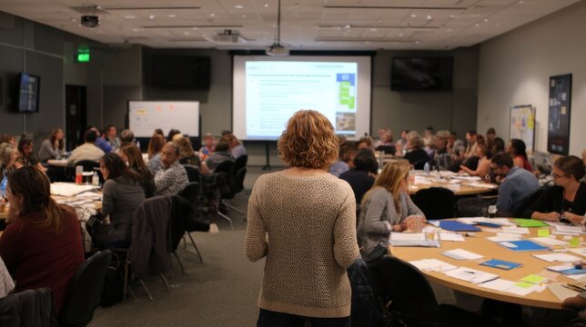 Trainer facilitating soft skills development workshop highlighting teamwork and emotional intelligence with projector slides and handouts in focus.