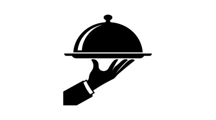 Fototapeta premium Elegant black silhouette hand holding a cloche on a serving tray with depicts black