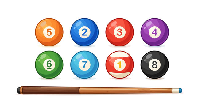 Colorful cartoon style pool balls and cue stick for fun gaming graphics
