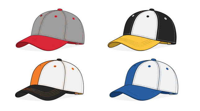 Collection of four distinct baseball caps in various colors with diverse colors designs