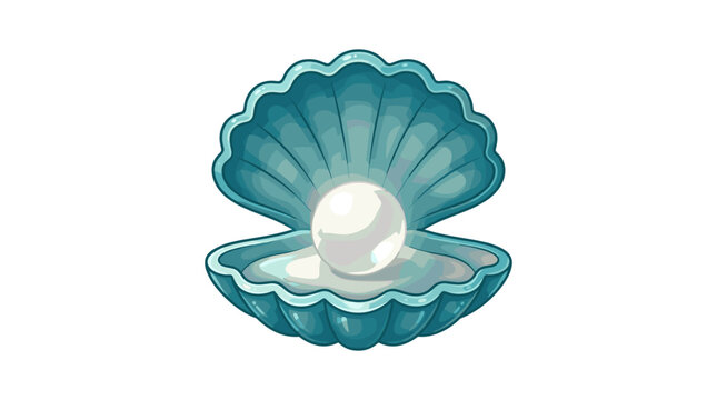 Colorful cartoon style illustration of an open seashell with a pearl inside