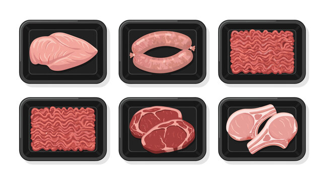 A clean minimalist illustration of various meat cuts in black packaging trays