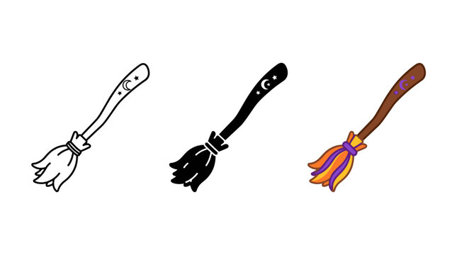Set of three distinct witch broomsticks in various styles with designed different styles