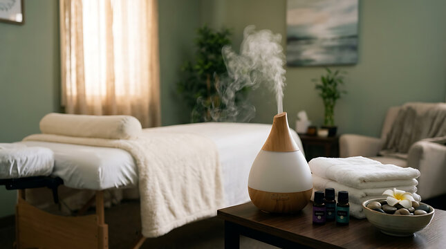 Aromatherapy diffuser emitting steam in a massage room with a massage table.