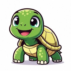 Obraz premium Adorable green cartoon turtle smiles happily. Cute reptile character yellow shell, big eyes. Fun animal illustration for kids. Friendly pet design with bright colors on white background. Simple
